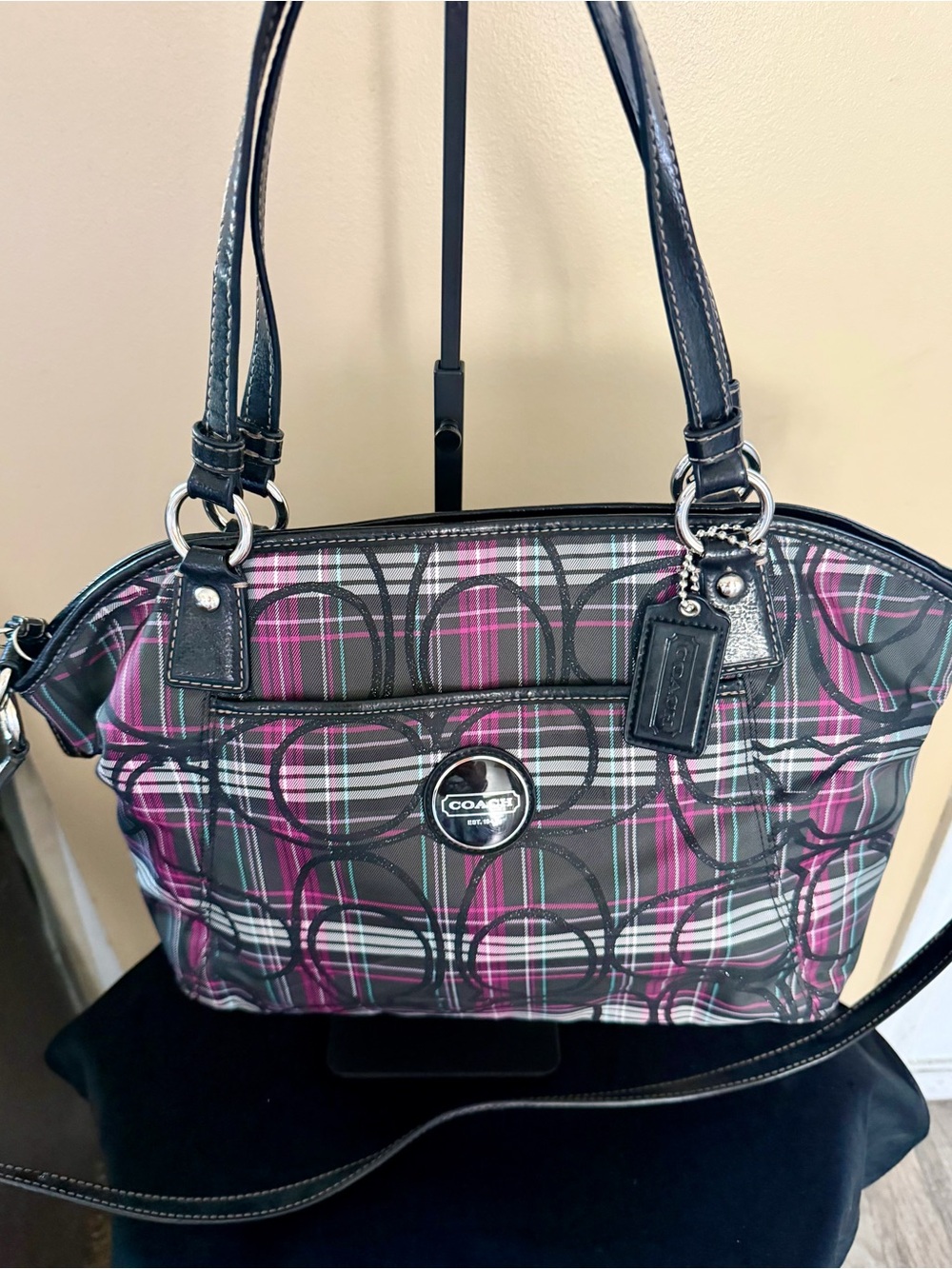 Coach Pink Plaid Signature Shoulder Bag with Black Trim